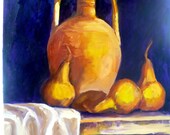 Large Original Painting Still Life Vibrant Colors Table with Pears and Urn  Unframed acyrilic
