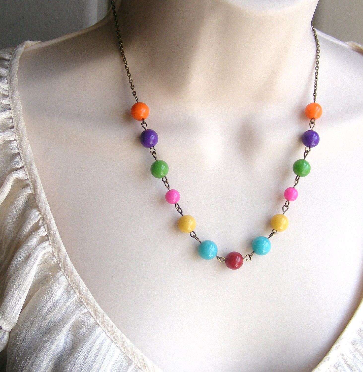 Colorful Beaded Necklace. Gumball Necklace. Rainbow Necklace. Turquoise. Red. Orange. Yellow. Purple. Little Girl Necklace. Photo Prop