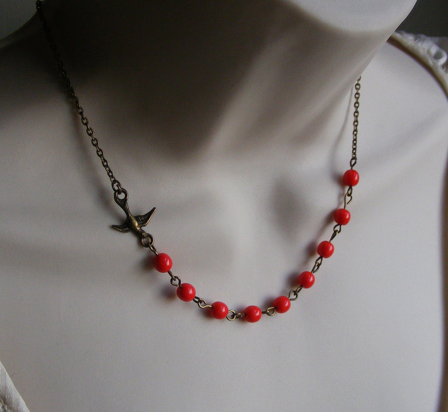 Sparrow Necklace. Red Beaded Necklace. Assymetrical Necklace. Bridesmaid Necklace. Bridal Jewelry.