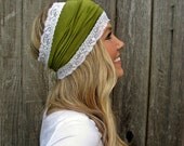 Moss Green Rayon Cotton Jersey Knit Headband with Stretch Lace Trim