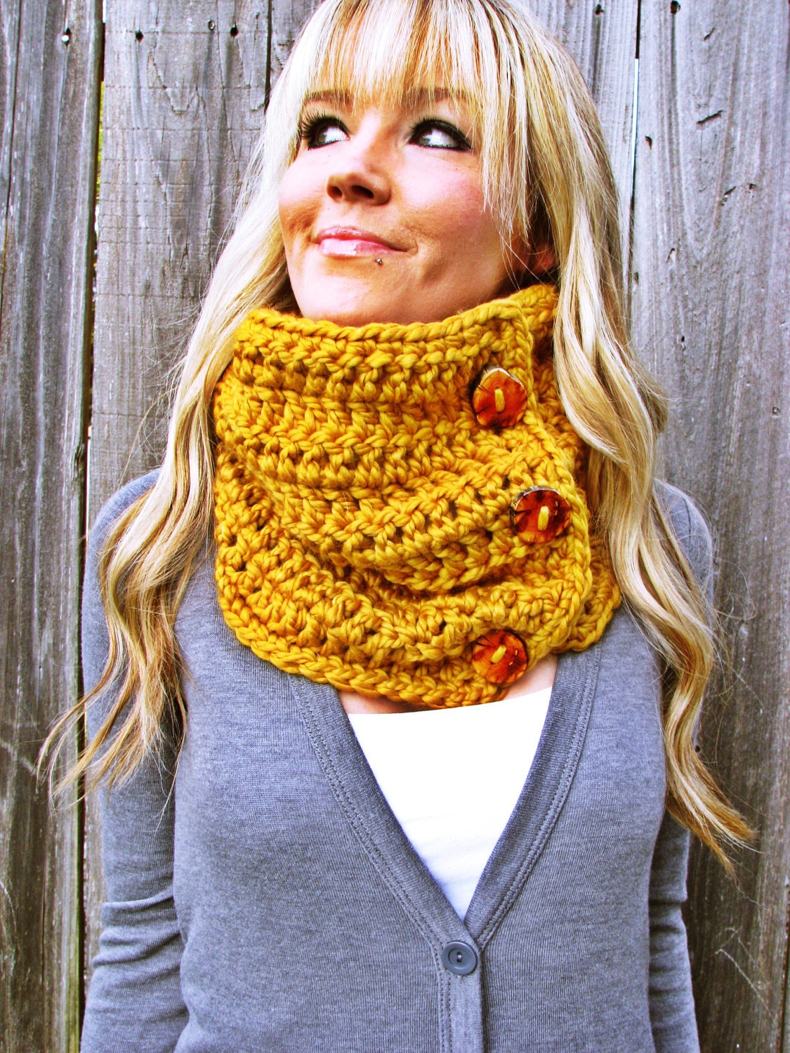 Lamb's Wool Collection - Plush Wool Cowl Scarf In Mustard with Handmade Reclaimed Wood Buttons - Adjustable - Unisex