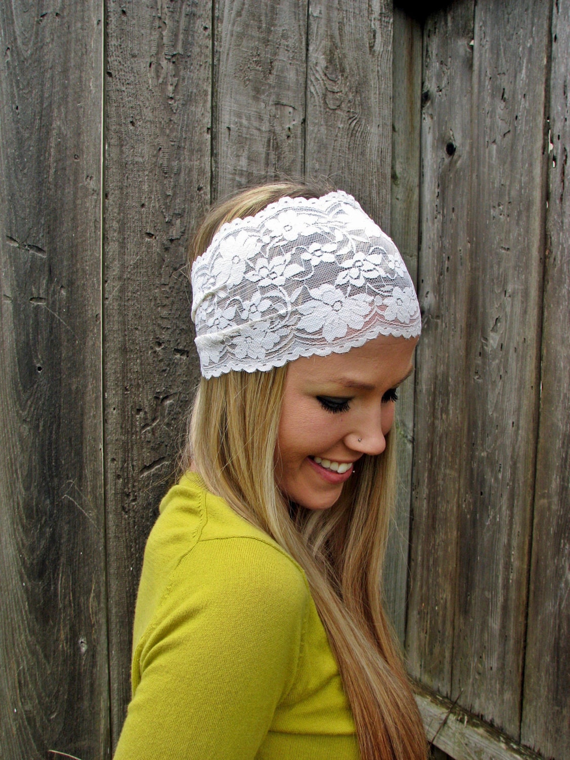 Wide Stretch Lace Headband in Ivory Cream (off white)