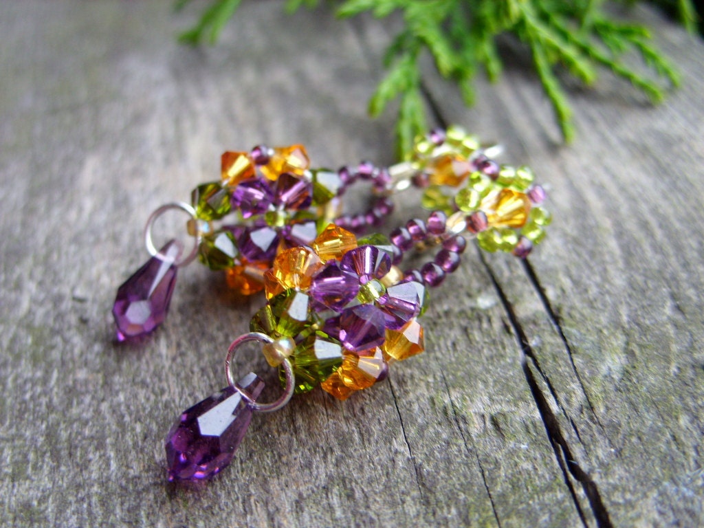 Swarovski crystallized dangle elegant colorful earrings purple orange green fall fashion autumn trends glass beads sparkling