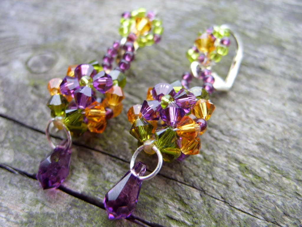 Swarovski crystallized dangle elegant colorful earrings purple orange green fall fashion autumn trends glass beads sparkling