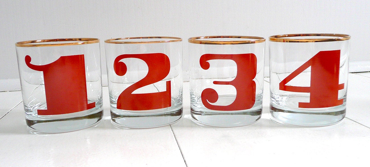 Vintage 70s Numbered Lowball Glasses - Orange, Graphic and Modern