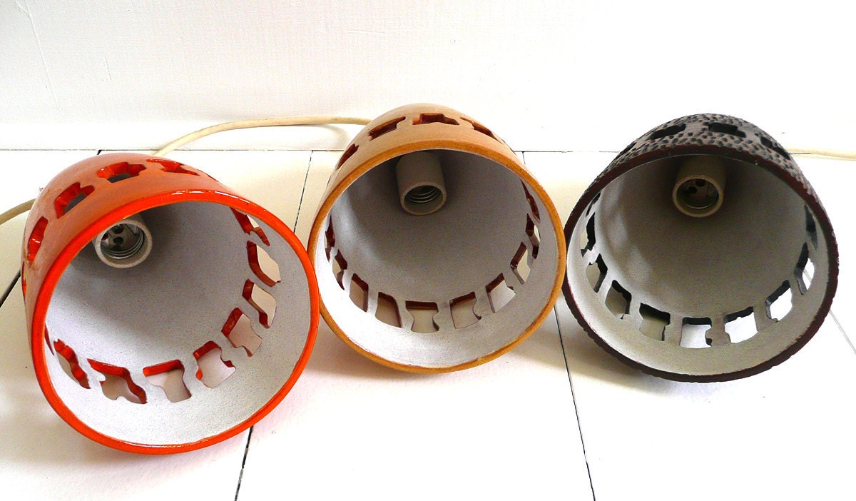 70s Pottery Pendant Light Trio - Orange, Brown and Yellow - Mid Century, Modern, OOAK