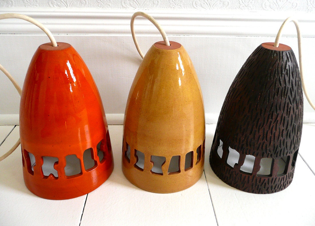 70s Pottery Pendant Light Trio - Orange, Brown and Yellow - Mid Century, Modern, OOAK