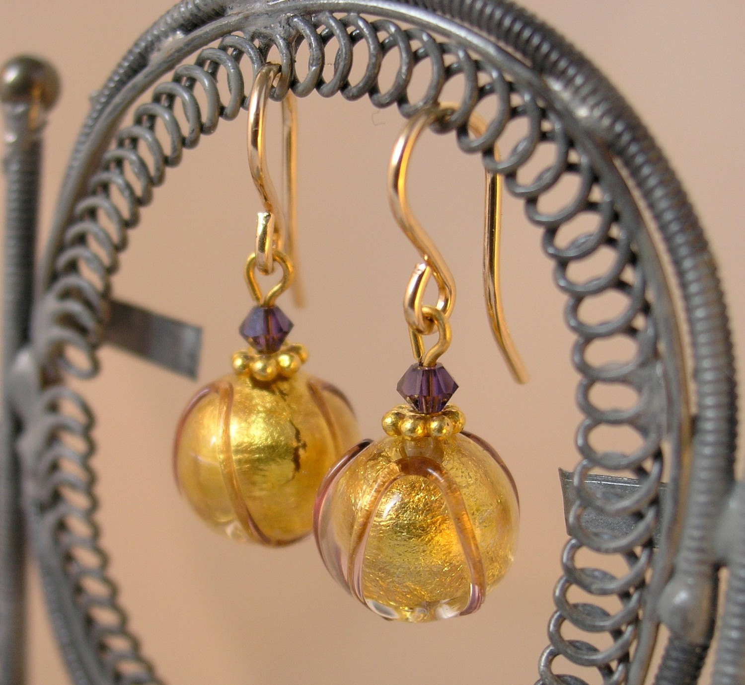 Venetian Glass Bead Earrings, Gold leaf