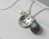 Simple Custom Sterling Silver Handstamped Necklace and Personalized Genuine Gemstone and White Freshwater Pearl