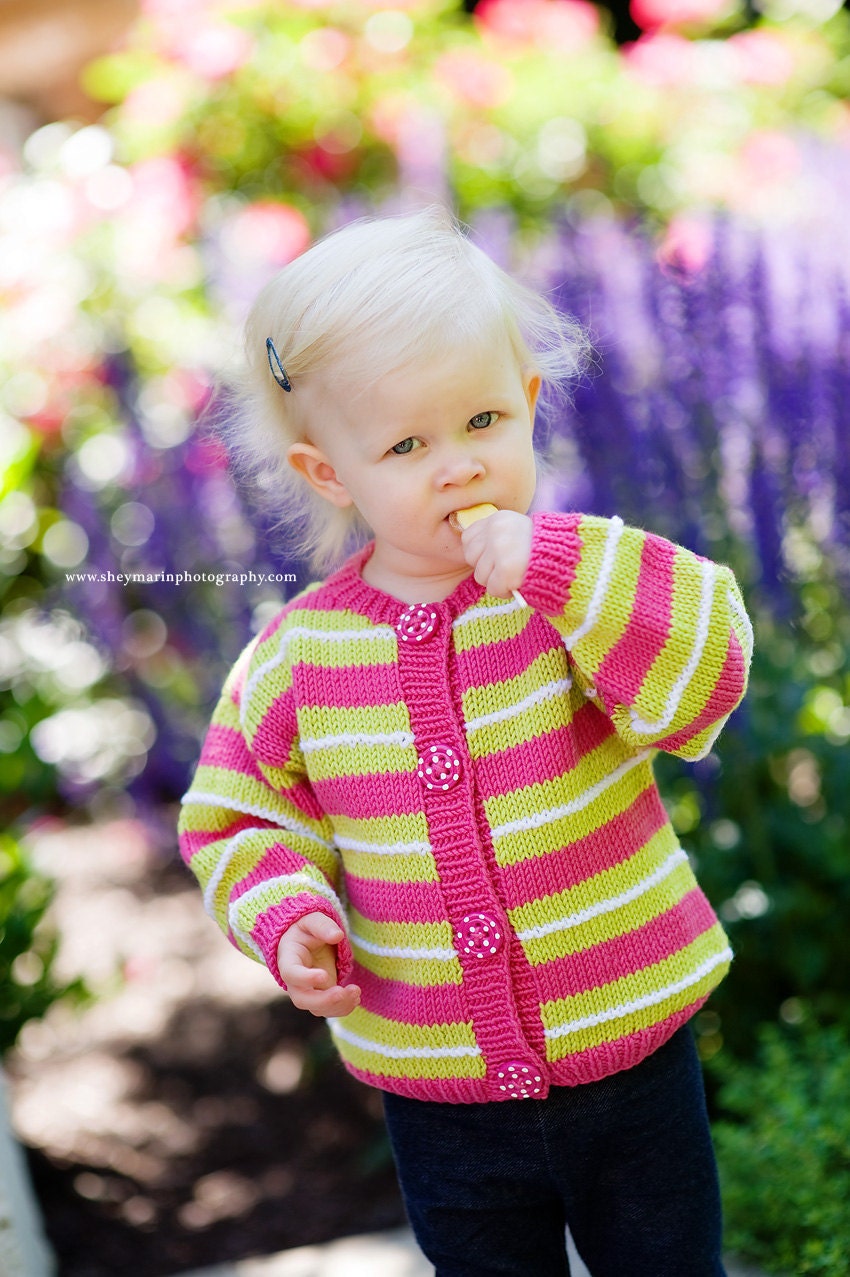 Hand Knit Baby Sweater, Girls -- Children Clothing -- LINNEAN AVENUE -- Pink and Green Striped Cardigan -- Perfect for Spring Baby Showers