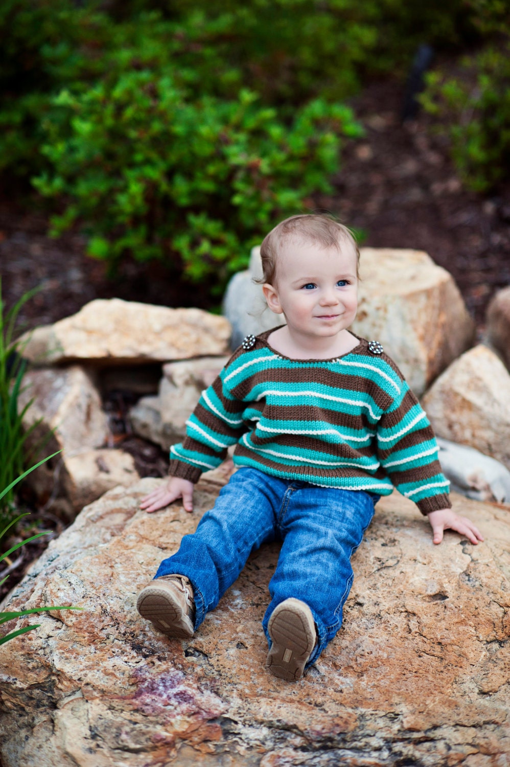 Hand Knit Baby Sweater, Unisex -- Childrens Clothing -- SOMERSET PLACE -- Turquoise and Brown Striped -- Perfect for Spring Baby Showers