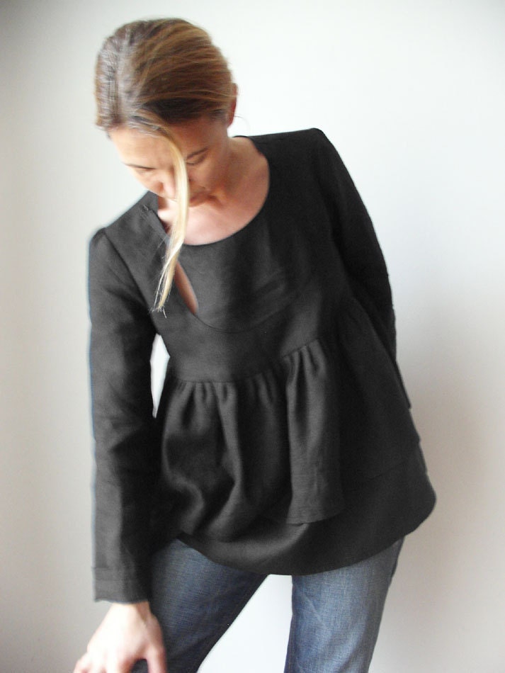 Bow Window fine linen blouse - Dark Night - Free Shipping