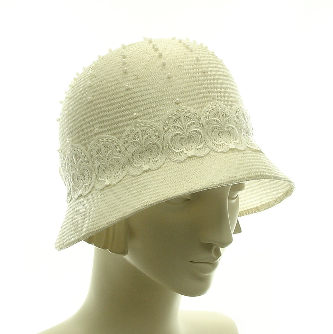 White Cloche Hat - Wedding Hat for Women - Downton Abbey White Hat - Vintage Style Straw Hat
