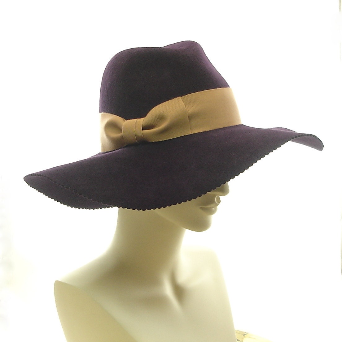 Wide Brim Womens Fedora Hat - Felt Winter Hat - Aubergine Eggplant Purple