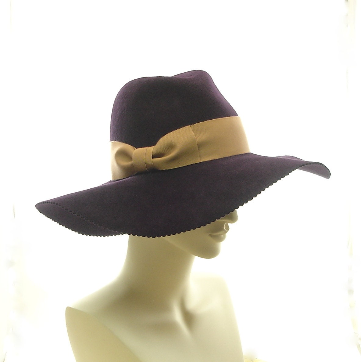 Wide Brim Womens Fedora Hat - Felt Winter Hat - Aubergine Eggplant Purple