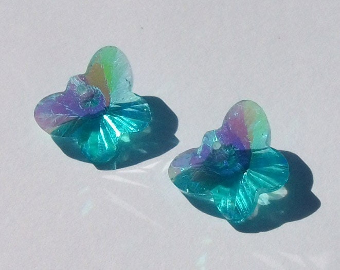 2 Celestial Crystal 14mm BUTTERFLY Crystal Pendants -- AQUAMARINE Blue AB
