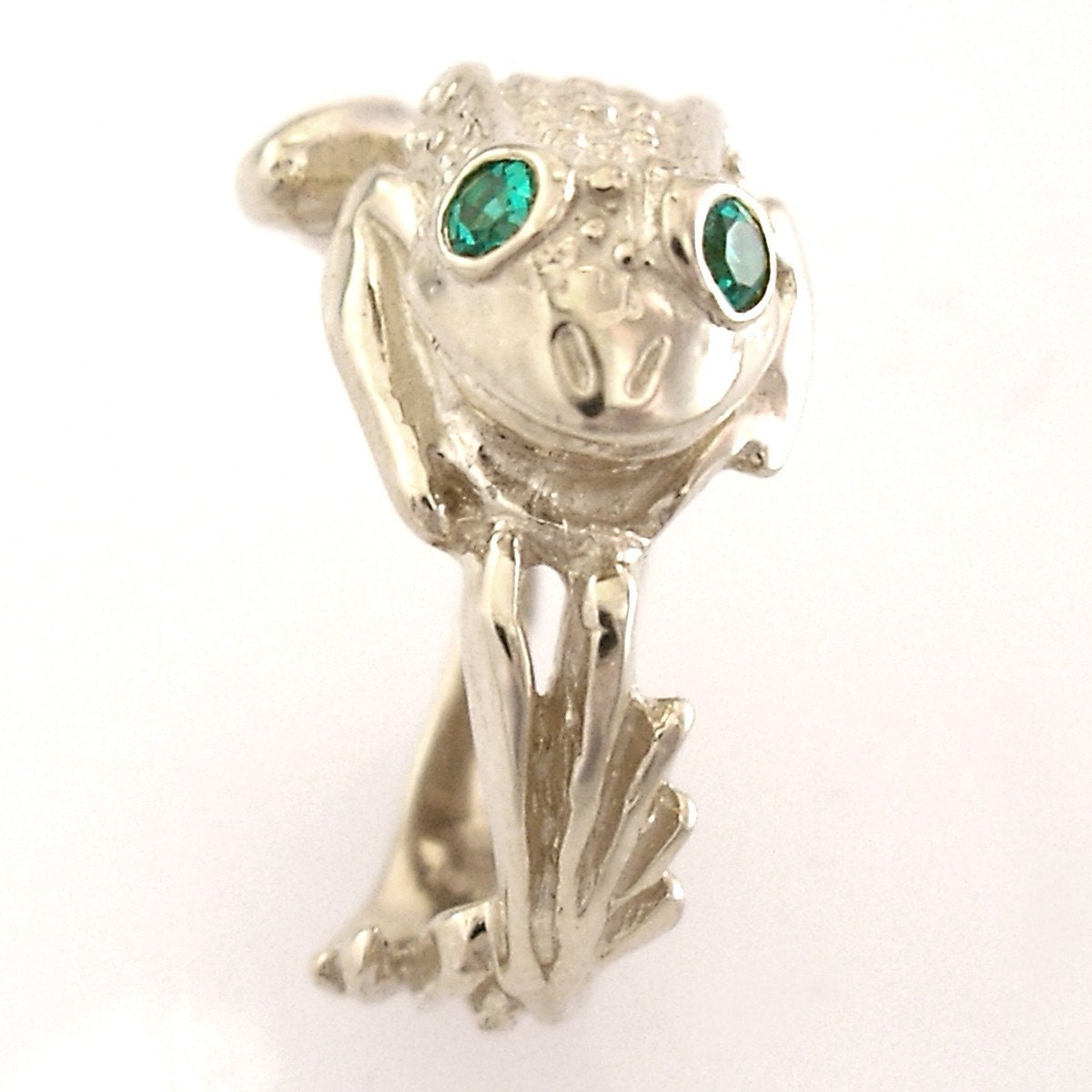 Silver Frog Ring with Green Eyes