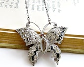Butterly Necklace Vintage Rhinestone Brooch Pin Necklace Art Deco Style Gunmetal Chain ready to ship - Night at the Opera