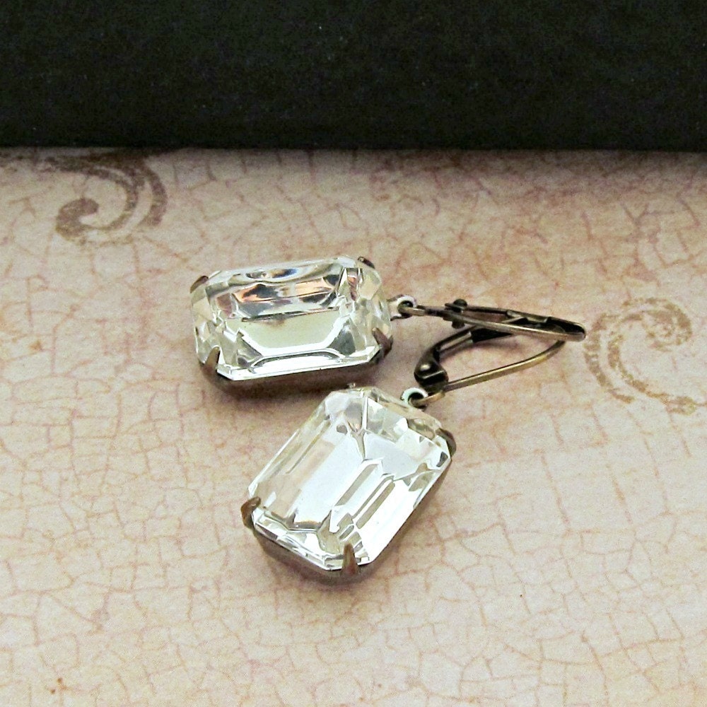Vintage Rhinestone Earrings Glass Jewels Emerald Cut Clear Crystals Estate Jewelry Mid Century Modern - Hollywood Sparkle - laurenblythedesigns