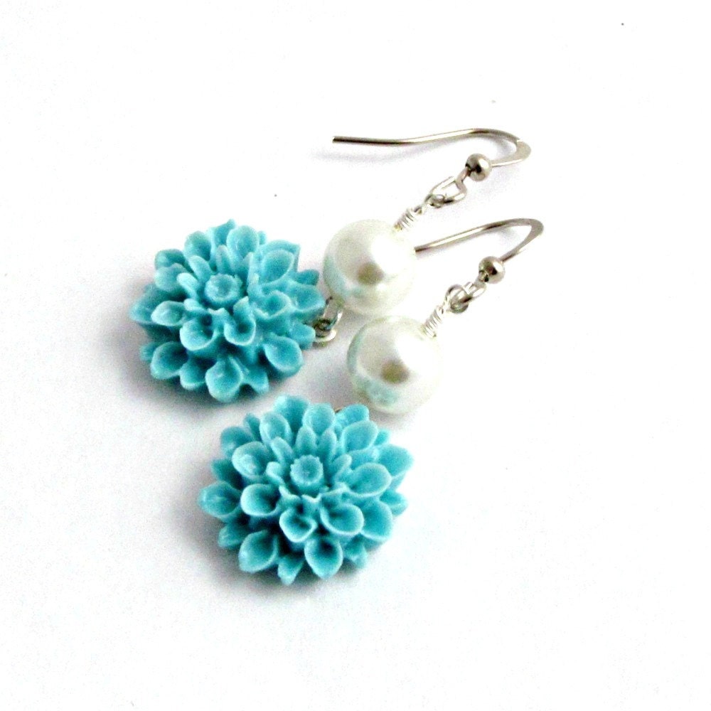Blue Flower Earrings Dahlia Flower Earings Drop Earrings Pearl Earrings Silver Jewelry Bridesmaid Jewelry Something Blue - Sweetness
