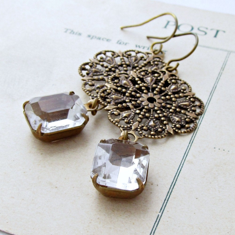 Lace Filigree Earrings Rhinestone Earrings Vintage Rhinestone Jewelry Rustic Antique Brass Bridal Earrings - Anya