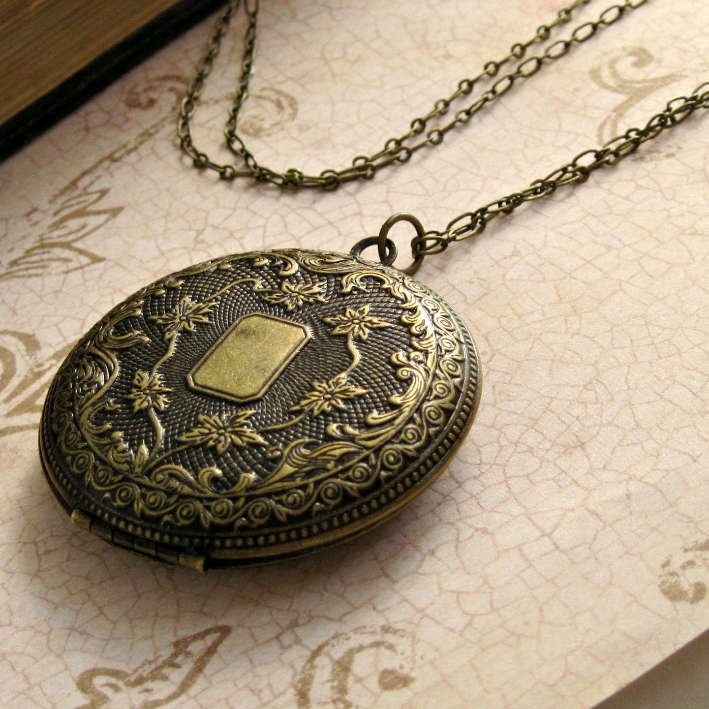Engraved Floral Locket Necklace Vintage Inspired Locket Photo Locket Boho Necklace Victorian Locket Antique Brass Long Locket Necklace