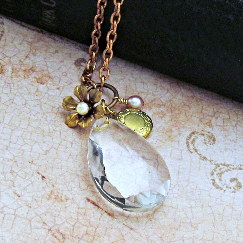 Crystal Pendant Necklace Chandelier Necklace Vintage Locket Necklace Charm Necklace Brass Flower Necklace Statement Necklace - Charmed