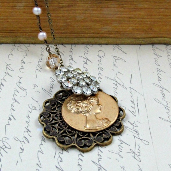 Silhouette Necklace Rhinestone Necklace Pink Pearl Necklace Cameo Necklace Cottage Chic Necklace Paris Necklace French Inspired - Emmaline