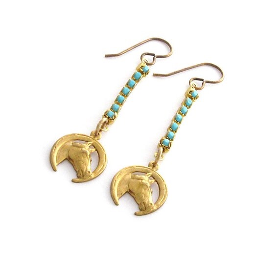 Horse Earrings Turquoise Earrings Vintage Horse Earrings Rhinestone Earrings Southwest Jewelry - Sundance Sparkle