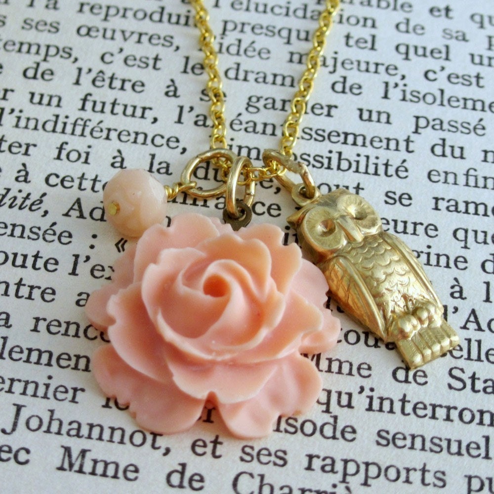 Jewelry Gold Owl Necklace Peach Rose Necklace Charm Necklace Cottage Chic Woodland Bridesmaid Jewelry - The Owl and the Rose