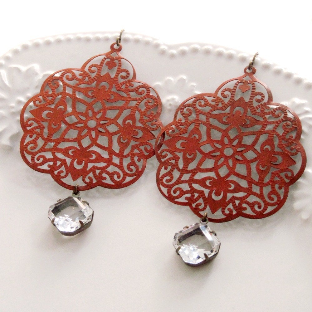 Pumpkin Earrings Filigree Earrings Lace Earrings Rhinestone Earrings Boho Earrings Vintage Glass Autumn Rustic - Pumpkin Spice