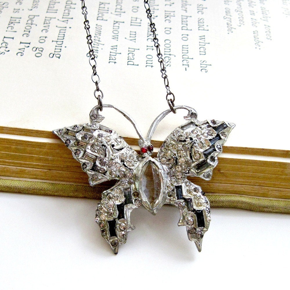 Butterly Necklace Vintage Rhinestone Brooch Pin Necklace Art Deco Style Gunmetal Chain ready to ship - Night at the Opera