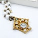 SALE Birdhouse Necklace Clock Necklace Vintage Clock Necklace Rhinestone Charm White Beaded Chain Mint Green Gold - Sparkle of Time