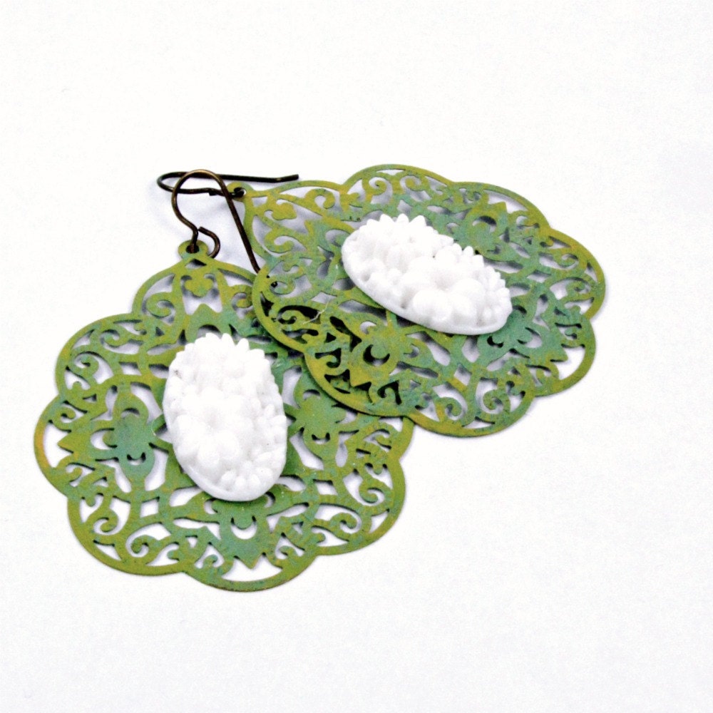 Flower Laced Filigree Earrings Vintage Glass Flowers Green Olive Shabby Chic - Laced