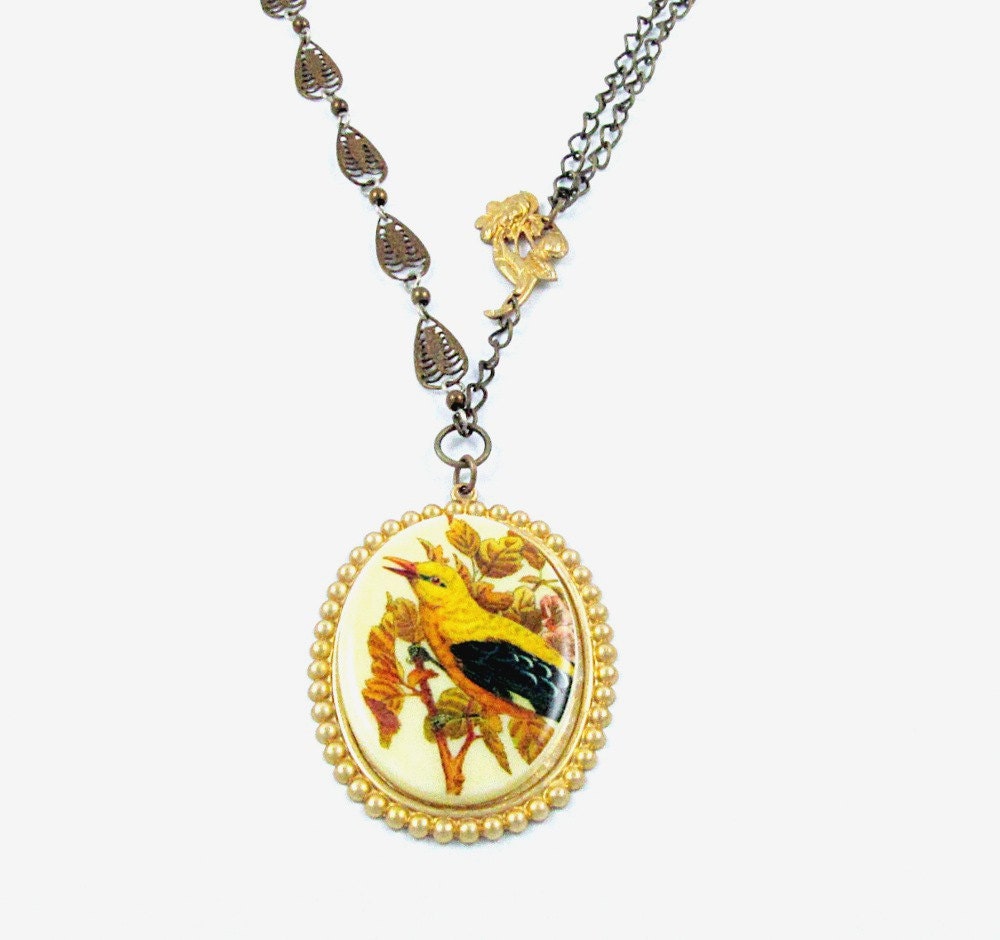 Cyber Monday Etsy Jewelry Bird Necklace Vintage Bird Cameo Necklace Brass Gold Art Deco Filigree Chain Boho Flight - Woodland Flight