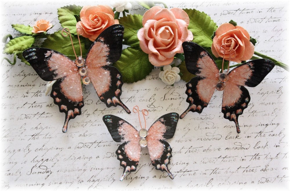 Apricot Glitter Glass Butterflies for Scrapbooking or Cardmaking