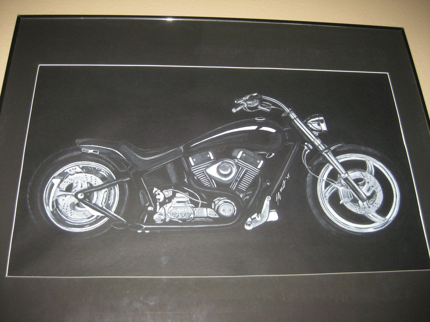 Custom Harley Motorcycle Original Drawing Artwork Charcoal 28x22
