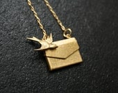 Small Bird and Love Note Necklace, Gold Envelope Locket Pendant, I Love You Jewelry, Simple Necklace