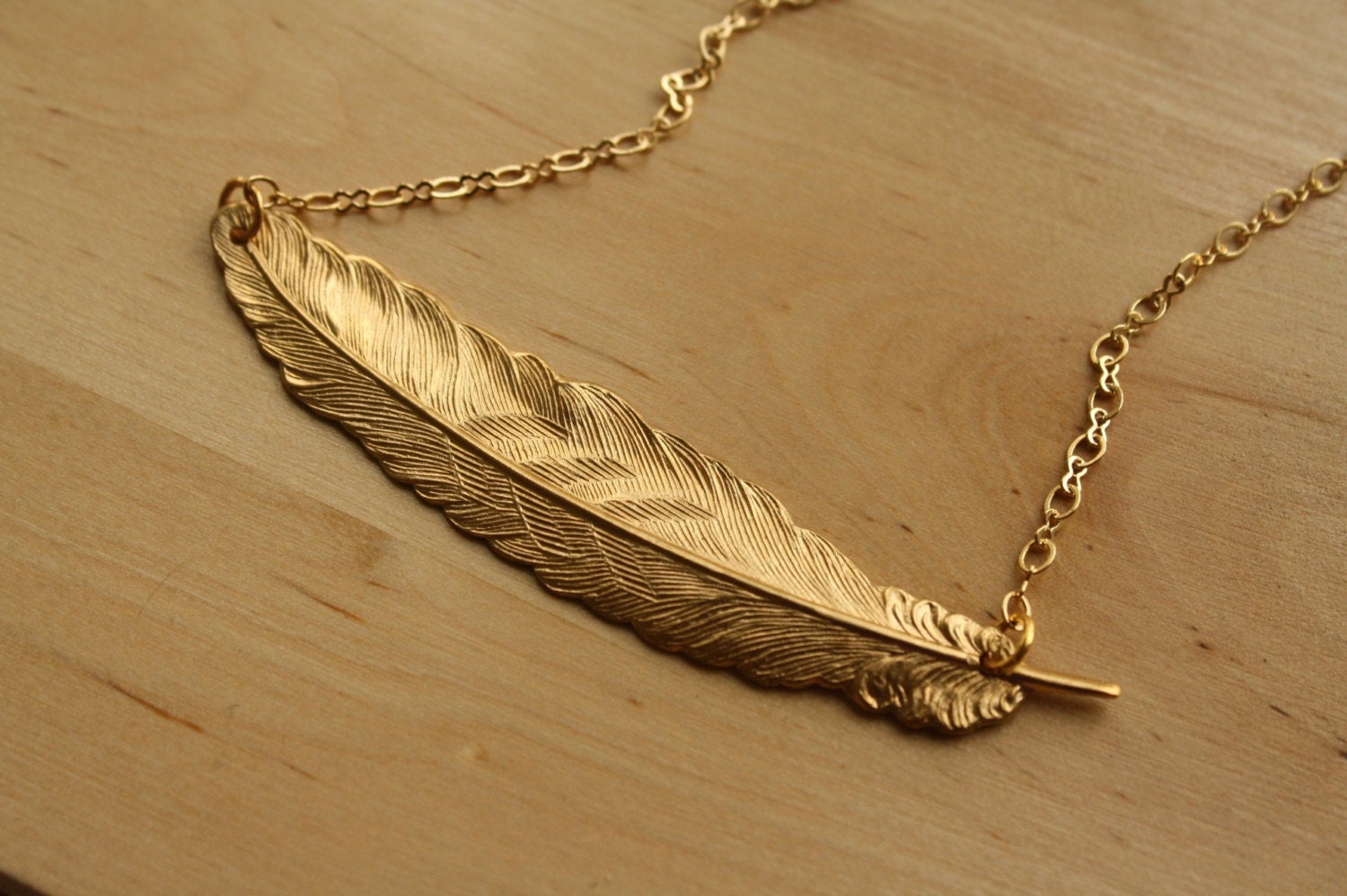 Long Gold Feather Necklace, Elegant Raw Brass, Large Pendant