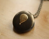 Small Hot Air Balloon Locket Pendant, Long Chain Necklace, Dark Vintage Locket, Gold Charm, Antiqued Brass, Two Tone Metal, Unique
