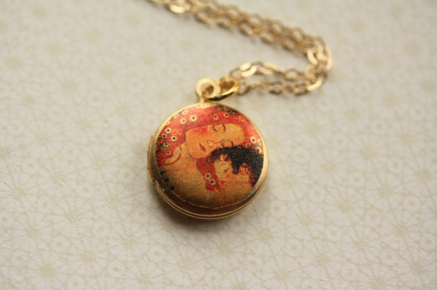 Mother and Child Locket, Gustav Klimt Image, Family Tree, 14kt Gold Filled Chain, Miniature Photo Locket, Small Pendant