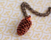 Long Copper Dipped Pine Cone Necklace, Small Pendant, Long Antiqued Chain, Genuine Nature Jewelry, Unique Jewellery