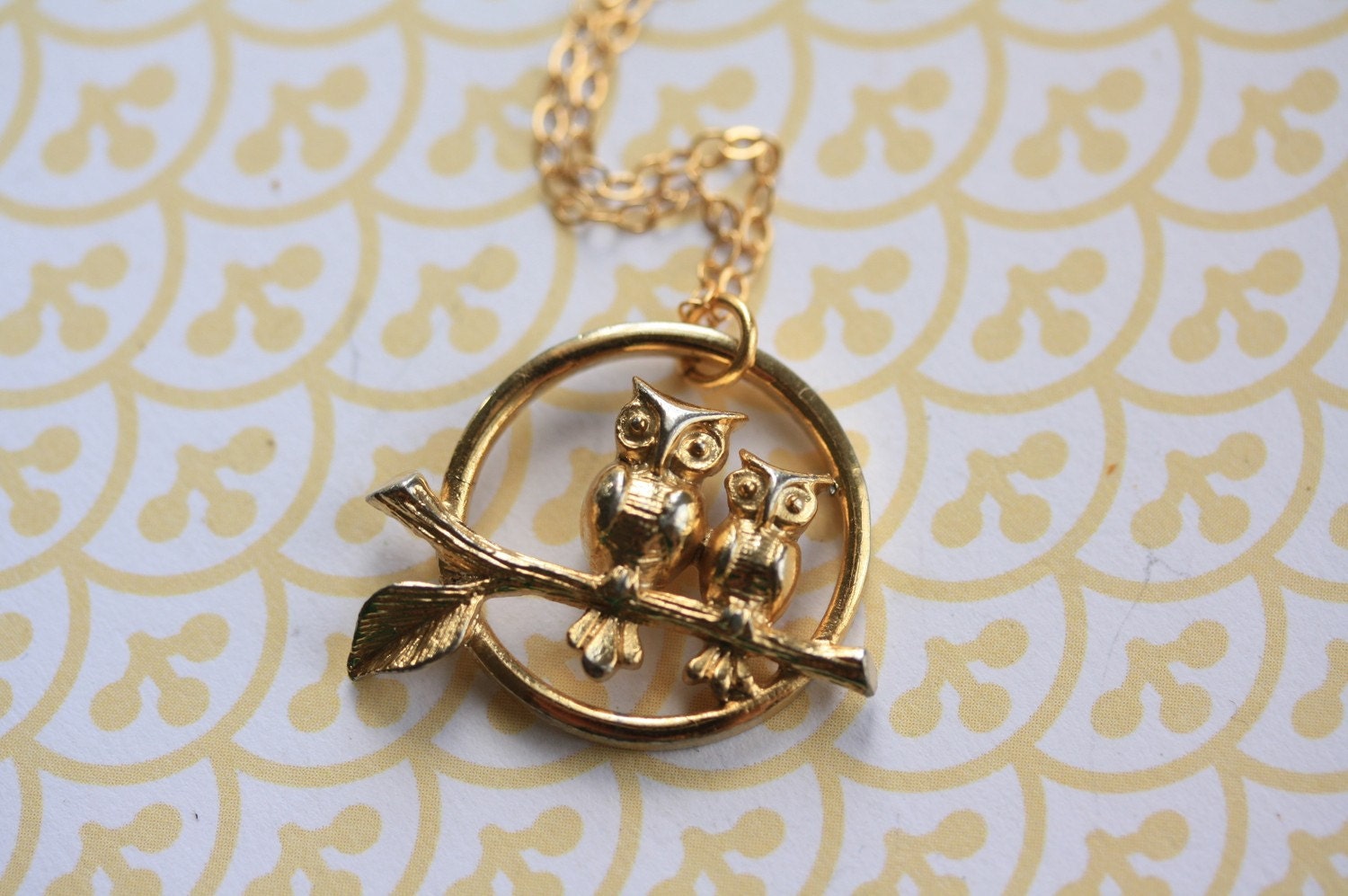 Gold Owls Pendant Necklace, 14kt Gold FIlled Chain, Small Branch, Upcycled Vintage Charm, Two Owls Jewelry, Cute Fashion Gift