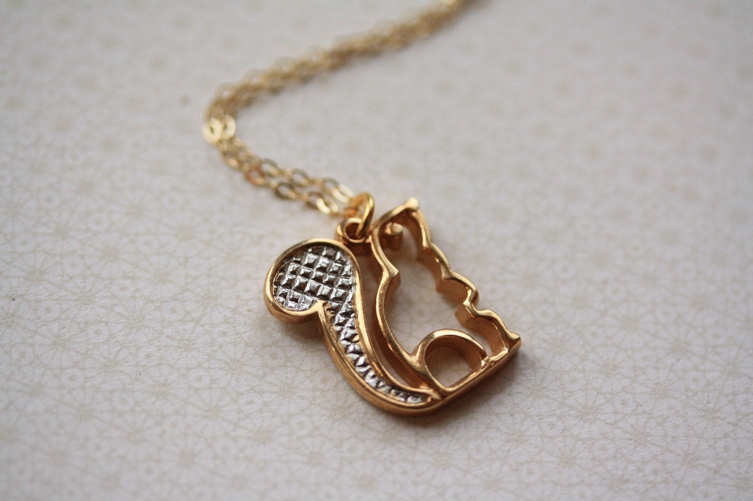 Squirrel Silhouette Necklace, Small Pendant, Vintage Jewelry, 14kt Gold FIlled Chain, Silver and Gold Charm, Cute Animal Jewellery