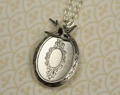 Silver Locket and White Bird Necklace, Vintage Floral Pendant, Long Fashion, Oval Shape, Winged, Antiqued, Cream Charm Jewelry