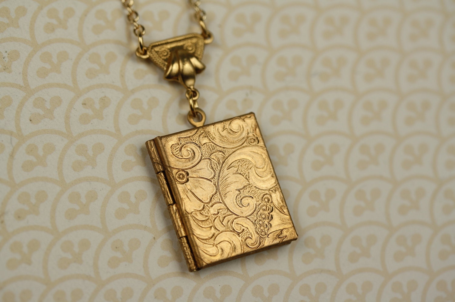 Art Nouveau Book Locket Necklace, Long Gold Pendant, Art Deco Floral Design, Flower Jewelry, Unique Leaves Swirl Paisley Texture