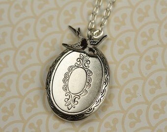 Silver Locket and White Bird Necklace, Vintage Floral Pendant, Long Fashion, Oval Shape, Winged, Antiqued, Cream Charm Jewelry