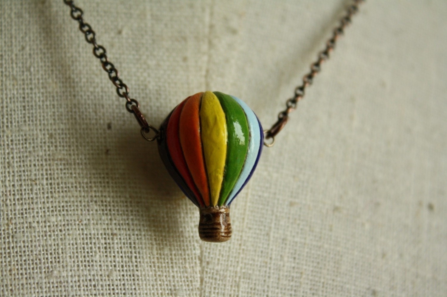 Hot Air Balloon Necklace, Painted Ceramic Pendant, Colorful Red, Blue, Green, Purple and Yellow Jewelry, Rainbow, Copper Chain
