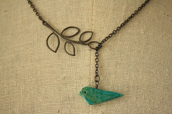 Turquoise Blue Bird and Branch Lariat, Bridal Necklace, Gunmetal Chain, Leaf Silhouette, Jewelry, Bridesmaids Set, Bridal Fashion