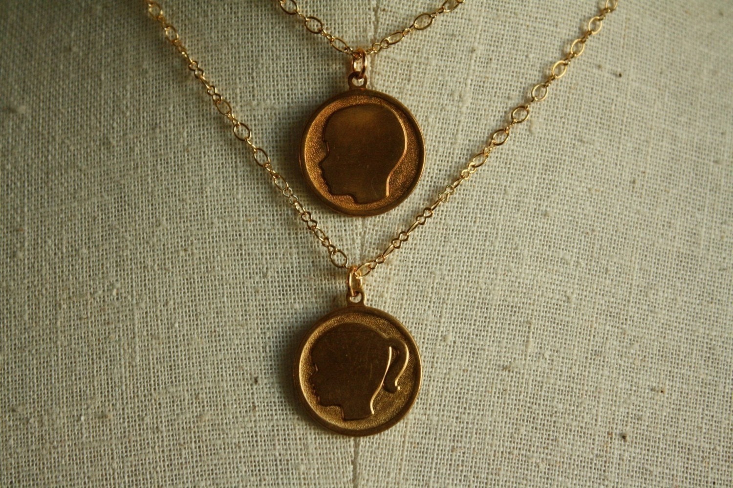 Son and Daughter Pendant Necklace, Personalized Mother's Day Gift, Gold Layered Chains Duo, Simple Silhouette Charms
